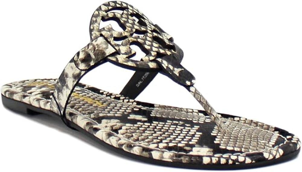 Tory Burch Miller Stamped Snakeskin Leather Sandals Flats White Black Womens 6.5